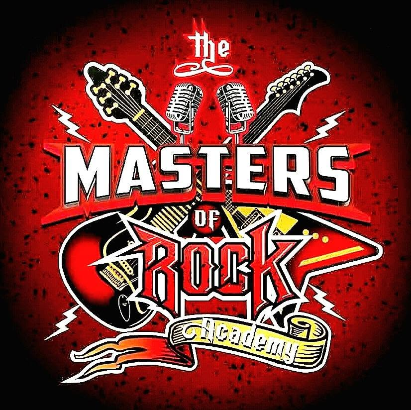 The Masters of Rock Academy: crossed guitars and vintage microphones